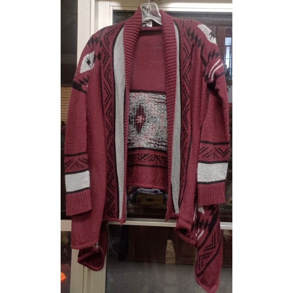 Womens Light Weight Sweater/Wrap BOHO  Open Front Medium Aztec Pattern Maroon